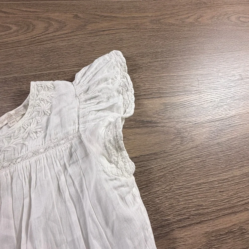 LoveShackFancy White Cotton Embroidered Lace Flutter Sleeve Dress Girls 7-8Y